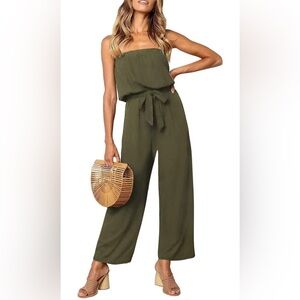 ZESICA Women's 2024 Casual Strapless Belted Wide Leg Jumpsuit Romper